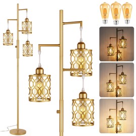 ROTTOGOON 68" Gold Floor Lamp, Dimmable Industrial Floor Lamps for Living Room, 3 Light Rustic Standing Tall Lamp Including 3 PCS 6W E26 Bulbs, Farmhouse Tree Floor Lamp for Bedrooms, Office, Bar