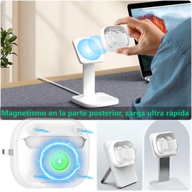 JIEYOUTA Funda para Galaxy Buds 3/3 Pro Semitransparente, Multifuncional 4 en 1 Cierre Seguro, Magnetismo en la Espalda, Soporte para teléfono móvil, TPU de Alta Calidad, Kit Limpieza (Blanco)