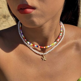 Xduargs Boho Layered Rainbow Bead Necklace Colorful Beaded Choker Necklace Vintage Pearl Starfish Pendant Necklace Adjustable Pearl Beads Collar Necklace Jewelry for Women