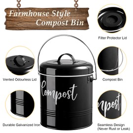 DAYYET Compost Bin Kitchen, 1.3 Gallon Farmhouse Kitchen Compost Bin Countertop, Indoor Countertop Compost Bucket with Lid and Charcoal Filters, Black