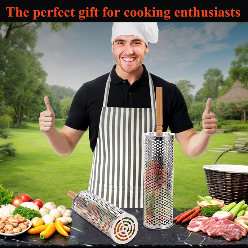 Rolling Grill Baskets(2 PCS),304 Stainless Steel with Removable Wooden Handle,