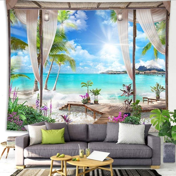QCWN Tapiz de decoración de playa, mar océano, isla tropical, palmera, vista escénica desde balcón, verano, paisaje tropical, tapiz de naturaleza para colgar en la pared, para recámara, sala de estar, recámara, 78 x 58 pulgadas