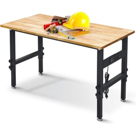 48" Workbench Desk with Power Outlets, Adjustable Height Rubber Wood Top Heavy-Duty Work Table, 2000 LBS Load Capacity Work Station for Garage, Workshop, Office, Home