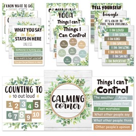 ZOIIWA 12pcs Eucalyptus Calming Corner Classroom Poster Preschool Classroom Bulletin Board Feelings Chart for Kids Calm Down Corner Classroom Decorations Educational Therapy Posters for Wall Decor