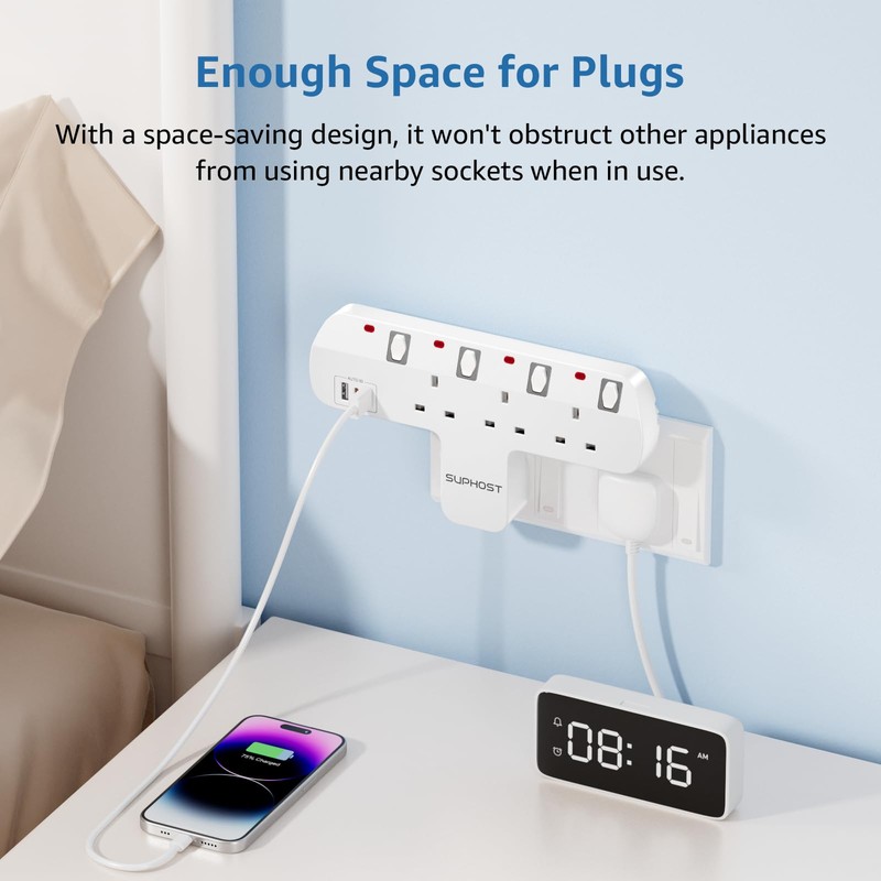 Plug Extension Socket with 180 Degree Rotating UK Plug, 3