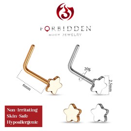 Forbidden Body Jewelry 20g Surgical Steel Star Top L-Shaped Nose Stud (2pcs Rose Gold & Steel)