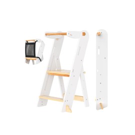 GROWNSY Foldable Toddler Tower, Toddler Kitchen Standing Helper, Kids Learning Tower with 3 Adjustable Heights and Safety Net for Kitchen Bathroom Sink Counter (White)