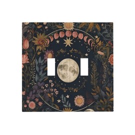 Celestial Sun Moon Phase Starry Sky Dark Academia Witchy Botanical Double Toggle Light Switch Covers Decorative 2-Gang Wall Plate Cover Dual Device Electrical Switchplate Faceplate for Bathroom