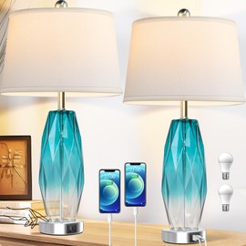 CNXIN 26" Touch Table Lamps Set of 2 for Bedrooms, 3 Way Dimmable Living Room End Table Lamps with Teal Blue Diamond Texture, Modern Glass Bedside Nightstand Lamps with USB C A Port, Bulbs Included
