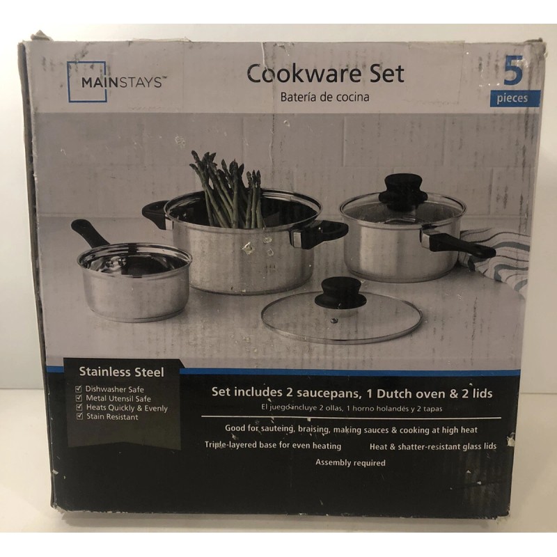 Mainstays 5 Piece Cookware Set Stainless Steel 2 Saucepans, 1