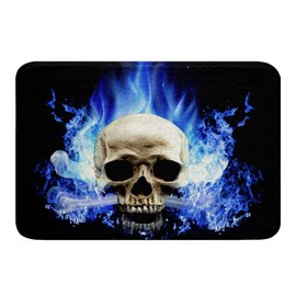 Totenkopf Badteppiche Blau Unheimlich Zuckerschädel Skelett rutschfest Badezimmerteppich Wasser absorbierende Badematte 50x80cm für Wanne Dusche Kinder Erwachsene gotisch Knochendeko Badvorleger