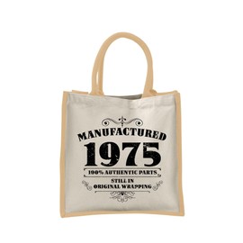 50th Birthday Tote Bag Gifts for Women - Cotton Jute Shoulder Bag, Reusable Bags for Shopping, Gift bags, Book Bag, Travel Bag, Shopper Bags - Manufactured 1975 - NAT-S