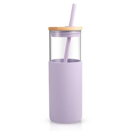 Tronco 24 oz Glass Tumbler with Straw and Lid - Glass Cup with Lid and Straw, Smoothie Cup, Iced Coffee Cup - Bamboo Lid and Protective Silicone Sleeve - BPA-Free