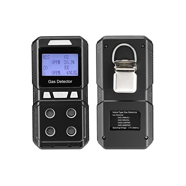 Seesii Portable 4 Gas Detector, Rechargeable Multi Gas Monitor Air Quality Tester Analyzer, High Precision Sound Light Vibration Alarm Backlight LCD Display EX O2 H2S CO 4 in 1 Gas Meter%LEL PPM