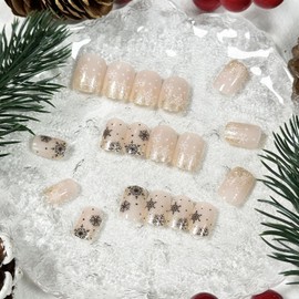 Uñas postizas cuadradas cortas con diseño de copos de nieve, uñas postizas navideñas con purpurina dorada y cobertura total, uñas adhesivas brillantes para Navidad para mujeres, 24 unidades