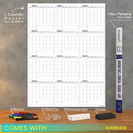 Large White Board Calendar 36"x48" Dry Erase Calendar for Wall Big Dry Erase Wall Calendar Yearly Monthly Wall Calendar Dry Erase Board Planner Includes 6 Markers Eraser Push Pins & Mounting Tape