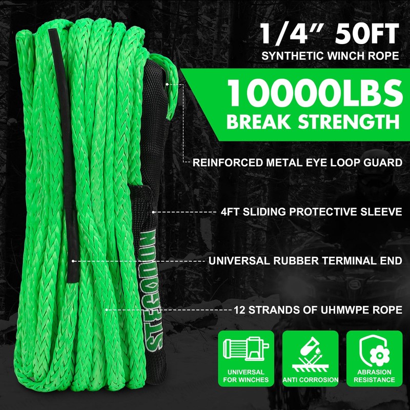 STEGODON Synthetic Winch Rope, 1/4'' x 50ft 10,000LBS Synthetic Winch