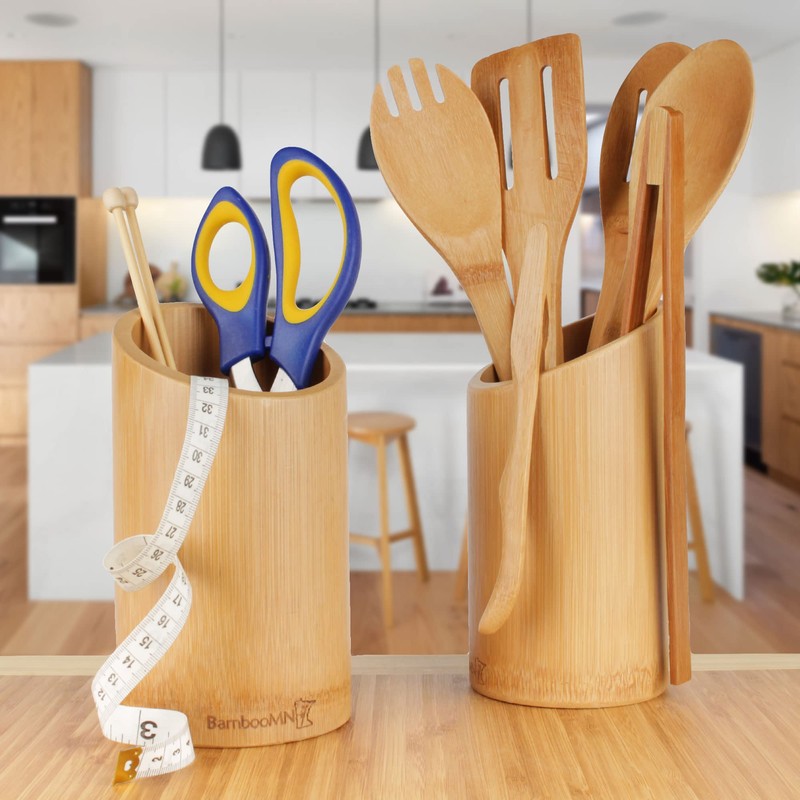 BambooMN Bamboo Kitchen Utensil Holder for Countertop, Utensil Crock for