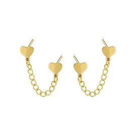 Cute Heart Love Double Piercing Huggie Stud With Short Chain Stainless Steel Earrings for Women Girls Cartilage Two Holes Fashion Chic Minimalist Climber Crawler Threader Dangle Drop Gifts (Gold)