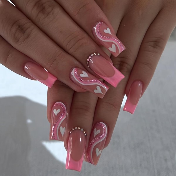Pink Press on Nails French Tip Fake Nails with Designs