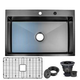 Strictly Sinks Dual Mount Kitchen Sink – 33 Inch 16 Gauge Embossed Hexagon Texture Kitchen Sink with Grid, 1 Strainer Drain, 1 Garbage Disposal Adapter & Clips (Black)