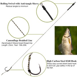 Carp Fishing Hair Rigs Kit - 18pcs High Carbon Steel Hook Rolling Swivel Boilies Carp Fishing Rigs with 2 Card Boilie Bait Stops 4 Sizes Stringer Needles 30pcs Soft Corn Baits