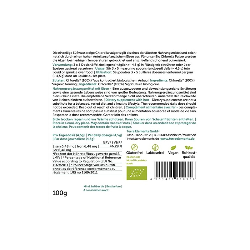 Terra Elements Organic Chlorella Powder 100 g I Microalgae I