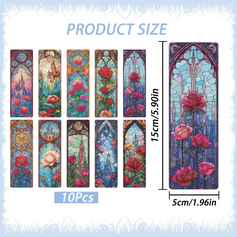 10 Pcs Stained Glass Rose Castle Bookmarks, Aesthetic Transparent PVC