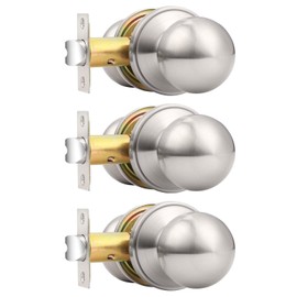Probrico 3Pack Round Brushed Nickel Passage Door Knobs Interior Door Handles for Hallway Closet, Keyless Passage Door Lock