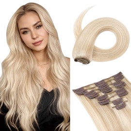 Benehair Clip in Hair Extensions Real Human Hair 8pcs 10inch Remy Human Hair Straight Hair Extensions Ombre Light Brown Mixed Bleach Blonde