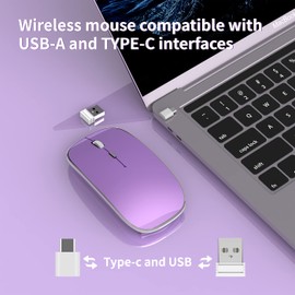 Halpilt mouse inalámbrico inalámbrico inalámbrico portátil y silencioso USB y tipo C de modo dual 3 DPI ajustables para laptop, Mac, MacBook, Android, PC (Q23S negro) (púrpura)