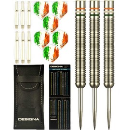 DESIGNA - Juego de dardos con punta de acero de 22 g, 90 % de tungsteno de Irlanda Fighting Irish Patriot X, vuelos y ejes incluidos (2 juegos cada uno), con estuche de viaje, 22 gramos