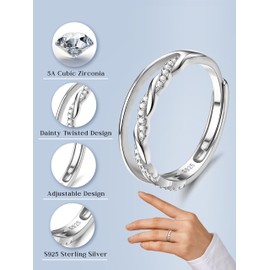 Kakonia 925 Sterling Silver Ring Dainty Twisted Cubic Zirconia Eternity Promise Wedding Band Ring Adjustable Thumb Ring Silver Ring for Women Ladies Girls