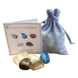 Focus Concentration Crystals - UK Designed 5 Stone Premium Selection for Sincerity, Wealth, Calmness, Peace Comes with Gift Pouch, Wellness Guide & Info Booklet