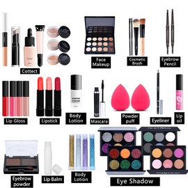 37 pcs All-in-One Makeup Set Teenage Gift Essential Starter Kit Lip Gloss Blush Brush Eyeshadow Palette Highly Pigmented Cosmetic Palette With Travel Carry Cosmetic Bag