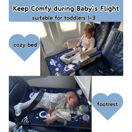Non-Inflatable Toddler Airplane Bed - Portable Travel Bed for Kids 1-3 Years with Carry Bag | Universal Fit for Airlines | Airplane Seat Extender & Foot Rest for Flights | Machine Washable Cover(Blue)