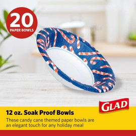 Glad Round Disposable Paper Bowls, Navy Holiday Candy Cane Design - Heavy Duty, Soak Proof, Cut-Resistant, Microwavable Bowl for All Foods & Daily Use, 12 Oz, 20 Count