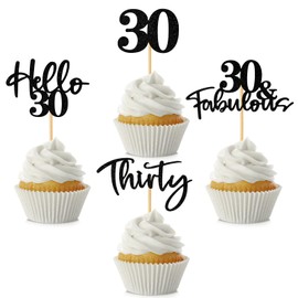 48 piezas de adornos para cupcakes de 30 cumpleaños, con purpurina, Hello 30 cupcakes, 30 fabulosos treinta púas de cupcakes para feliz cumpleaños 30, boda, aniversario, fiesta, decoración de pasteles, color negro