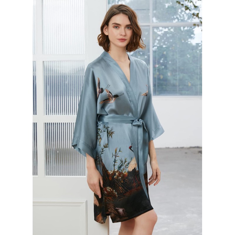 Ledamon Women's 100% Silk Kimono Short Robe (Blue gray)