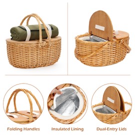 ZORMY 15" Cooler Picnic Basket with Blanket, Wooden Split Lid Picnic Basket, Vintage-Style Wicker Picnic Hamper with Folding Woven Handle for Picnic, Camping