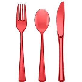 150 Pack Red Plastic Silverware, Red Silverware Set, Red Utensils, Red Plastic Cutlery 50 Red Plastic Forks, 50 Plastic Spoons, 50 Red Knives for Birthday, Wedding, Christmas Party