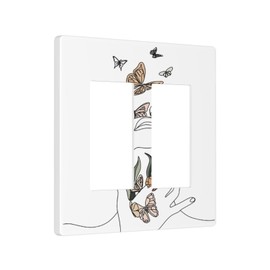 Flower Colorful Butterfly Line Aesthetic Abstract Modern 2 Gang Double Rocker/GFCI Light Switch Cover Outlet Wall Plate Electrical Faceplate Simple Woman Bedroom White Art Panel Decor Screwless