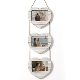 Afuly 3 Hanging Picture Frames 4x6 Collage Three Heart Farmhouse Distressed White Love Shabby Chic Photo Display Unique Rustic Home Decor Cute Wedding Anniversary for Couple Mom Grandma Family