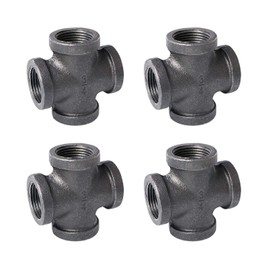 3/4" 4-Way Cross Fitting Connector, Home TZH 4-Pack Cast Malleable Iron 4 Way Corner Pipe Fittings for Industrial vintage style DIY Project/Furniture/Shelving Decoration (4, 3/4“)