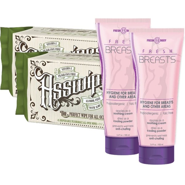 Fresh Body FB Ladies Fresh Bundle: Fresh Breasts 3.4oz Anti-Chafing Soothing Lotion for Women(2 Pack), and Asswipes Flushable Cleansing Hygiene Wipes(2 Pack)