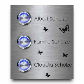 Triple Stainless Steel Multi-Family Doorbells with Engraving - Bell Model Schulze 9 x 10.5 cm and Premium LED Bell Push | Bell Signs Optional with Beautiful Acrylic Plates | Engraved Bell Plate
