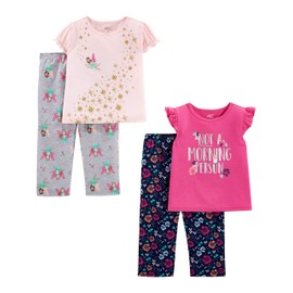 Simple Joys by Carter's Toddler Girls' 4-Piece Fleece Pajama Set (Short-Sleeve Poly Top & Fleece Bottom), Pack of 4, Fairy/Floral/Text Print, 3T