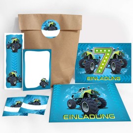 JuNa-Experten 10 Invitation Cards 7th Birthday Children Boy Monster Truck / Car / Seventh Children's Birthday Party Including 10 Envelopes, 10 Bags / Natural, 10 Stickers, 10 Bookmarks, 10 Notepads