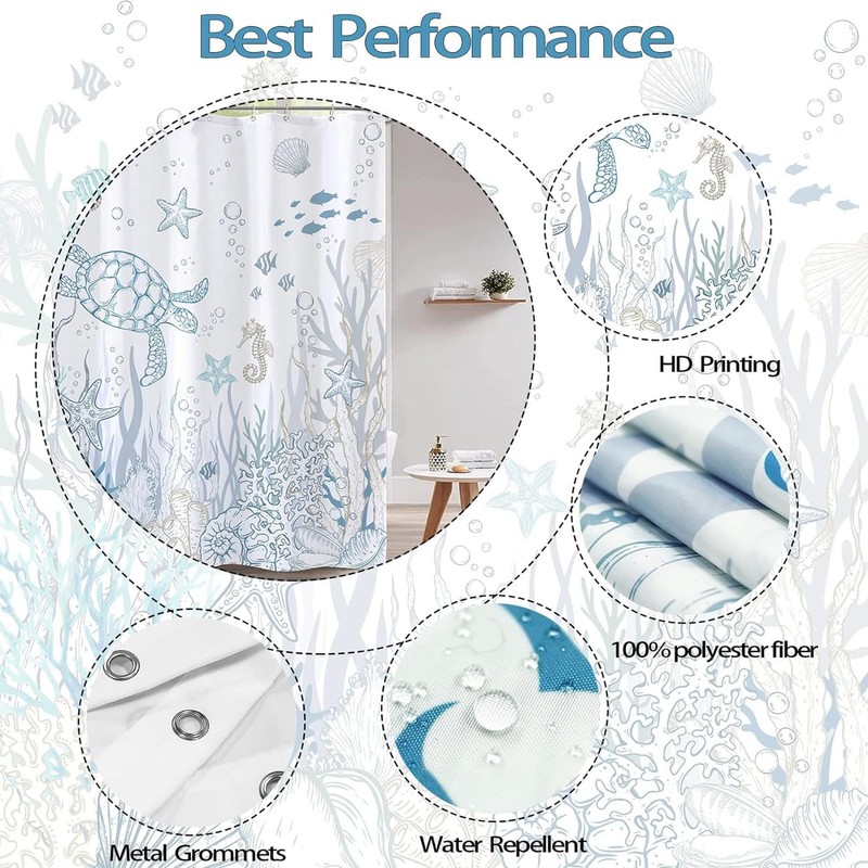 Nautical Coastal Turtle Shower Curtain, Coral Starfish Seashell Ocean Themed