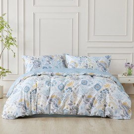 SAPHREAS Blue Floral Duvet Cover Queen Size Geometric Pattern Botanical Blossom Bedding Comforter Cover Set 100% Cotton 1 Duvet Cover 2 Pillow Shams, Comforter Not Included